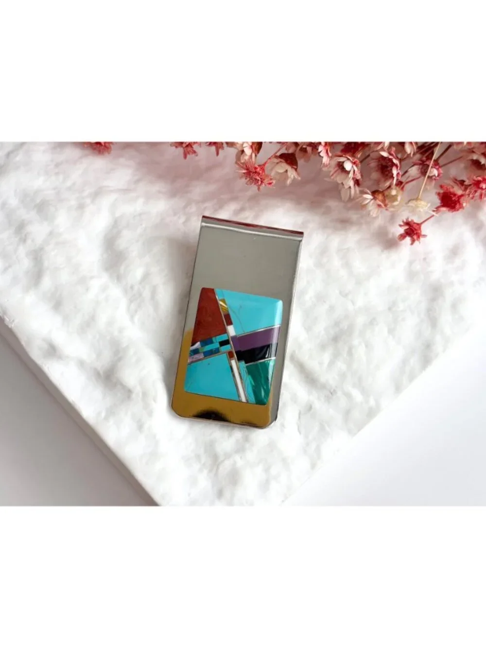 Turquoise, Coral, Onyx, Amethyst Southwest Vintage Stainless Steel Money Clip